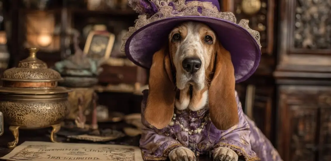 blood hound in purple dress