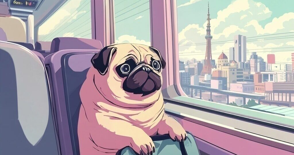 Pug on a Tokyo Trip – Dreamy Anime Art Print, Retro 80s Pastel Tokyo, Light Rail Window Scene